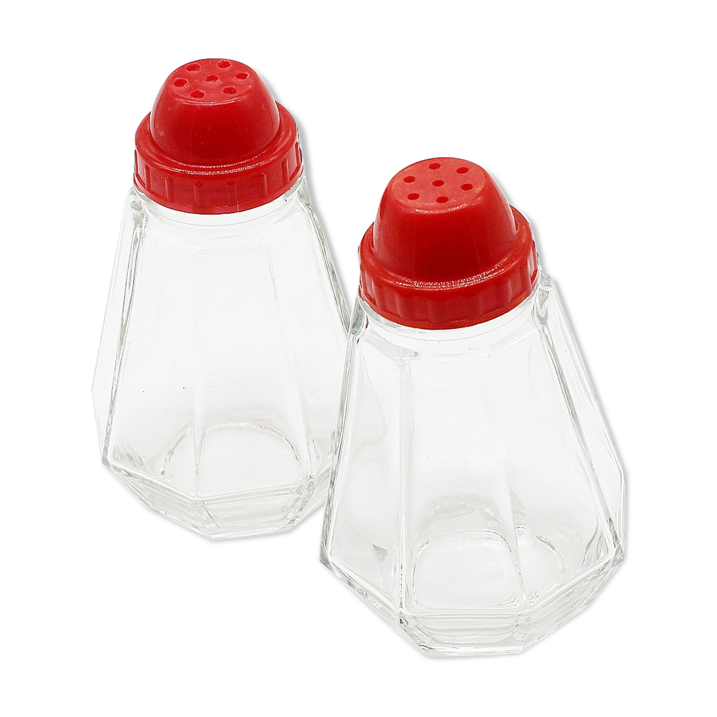 Glass salt and pepper and red bakelite