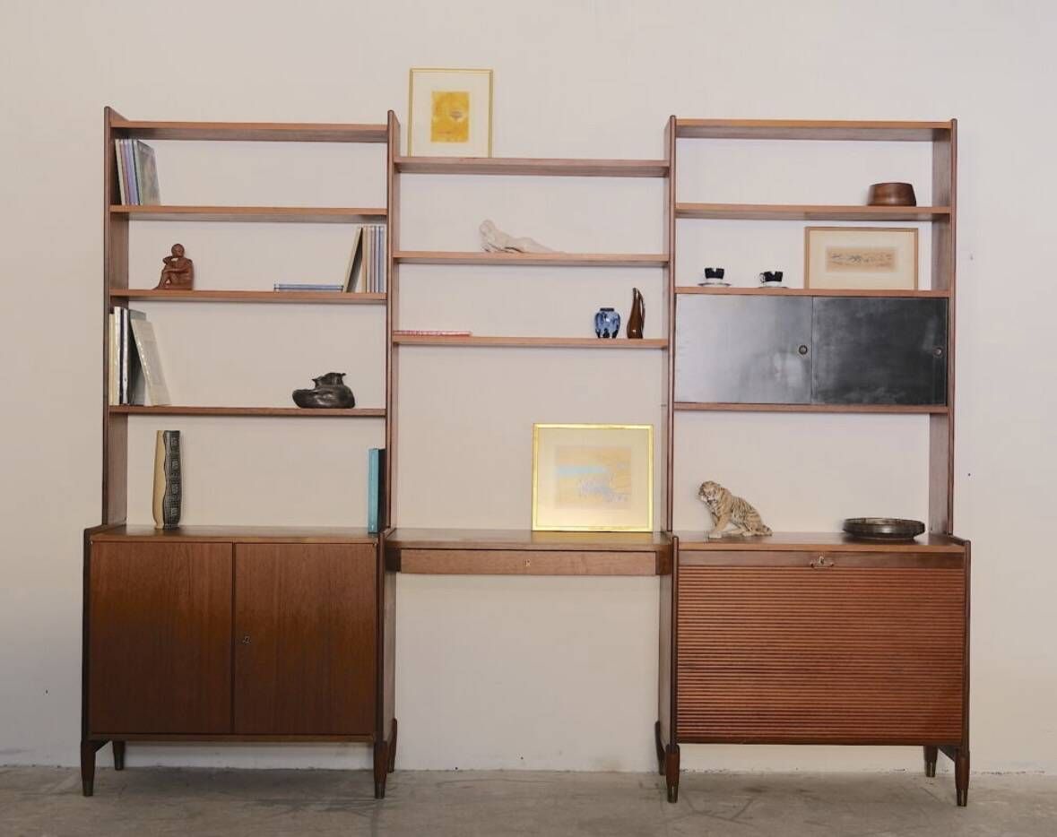 Large Scandinavian wall system in teak with integrated desk – vintage from the 1970s.