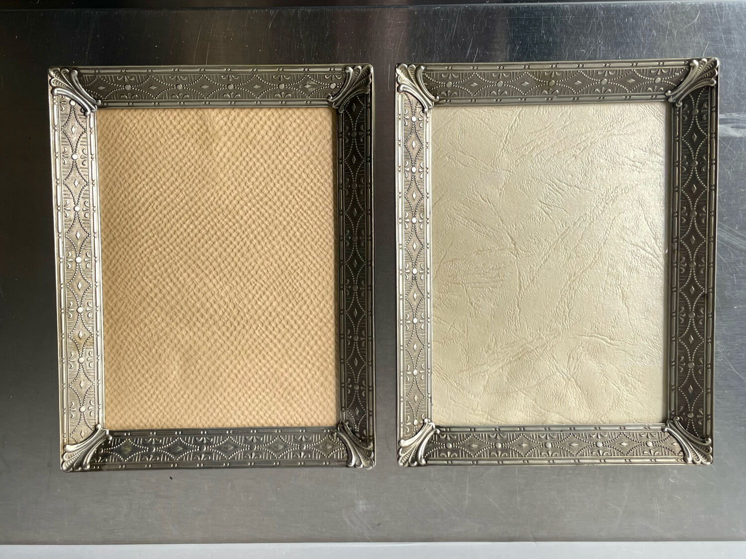 Pair identical vintage metal frames each 18.5 cm x 14.5 cm convex glass