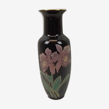 Vase céramique noir violet et vert – décor floral – 28 cm