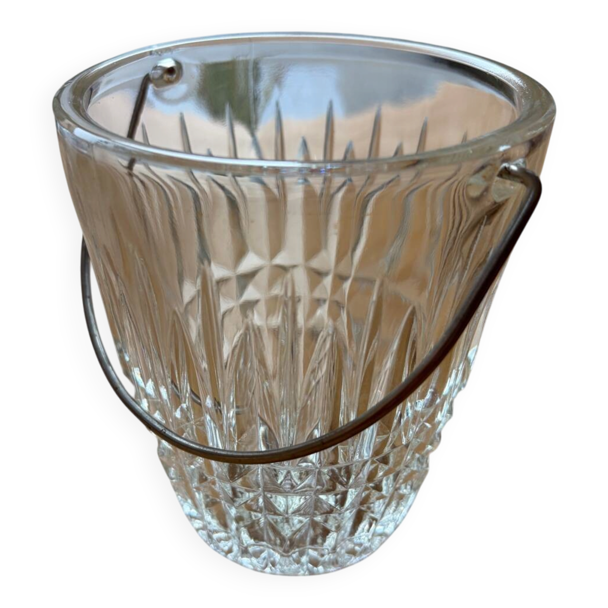 Glass ice bucket, stainless steel handle