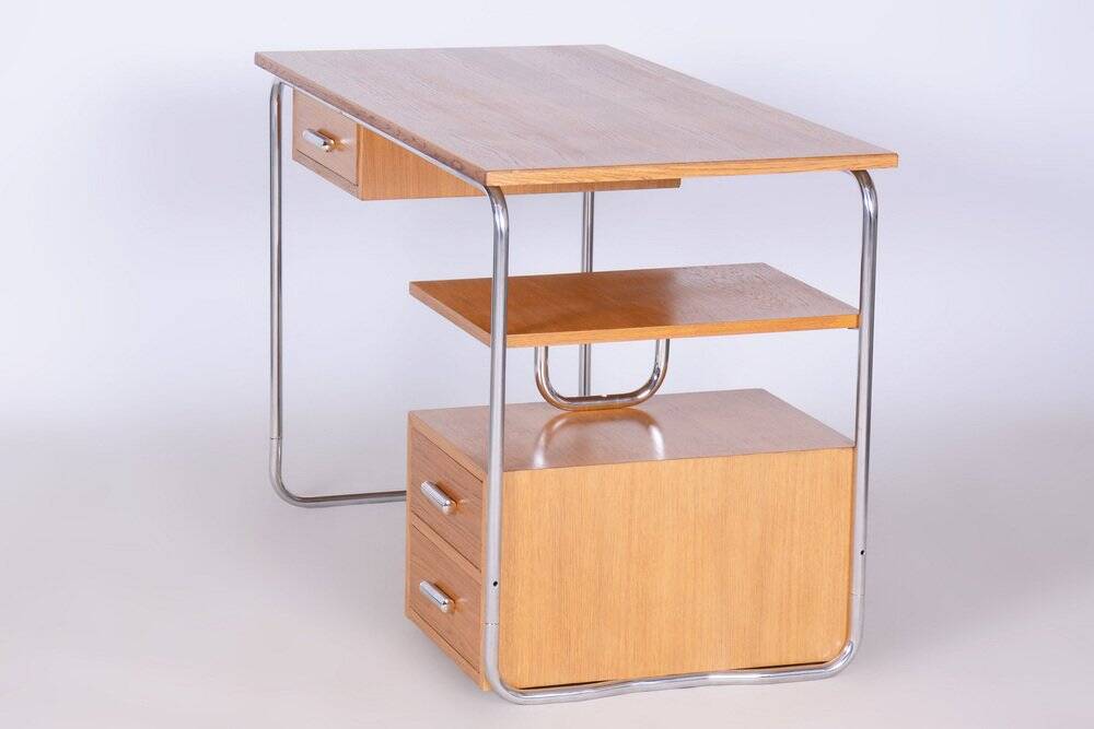 Bauhaus Writing Desk in Oak, Chrome-Plated Steel, Germany, 1930s