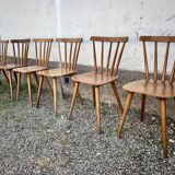 Set of 6 vintage bistro chairs – Warm stained wood – Compass legs