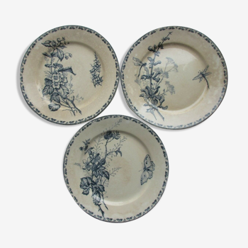 3 Terre de Fer dessert plates in blue-grey, Carmen model of Sarreguemines