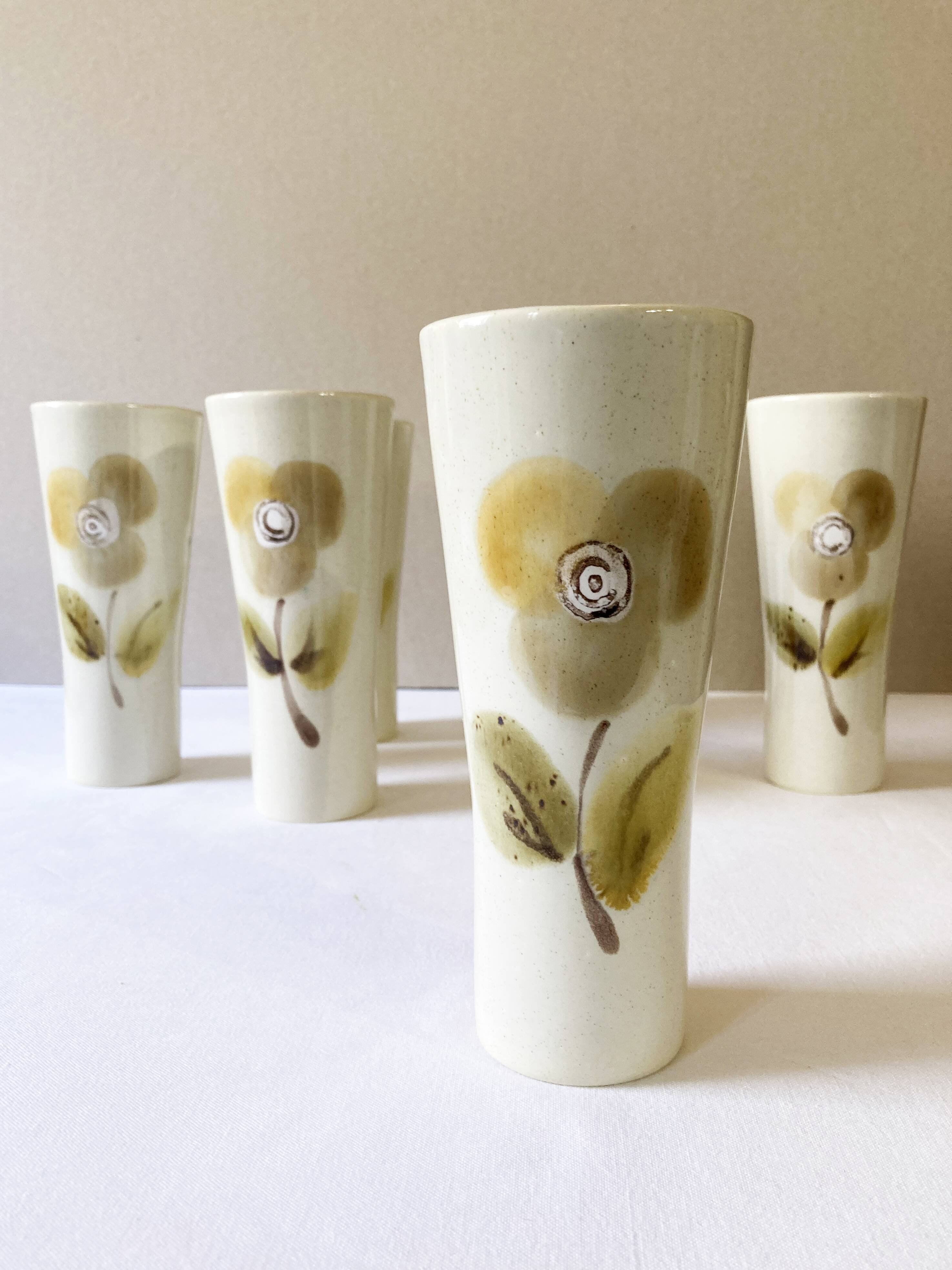 Large ceramic glasses, hand-painted flower pattern, beige/cream tones