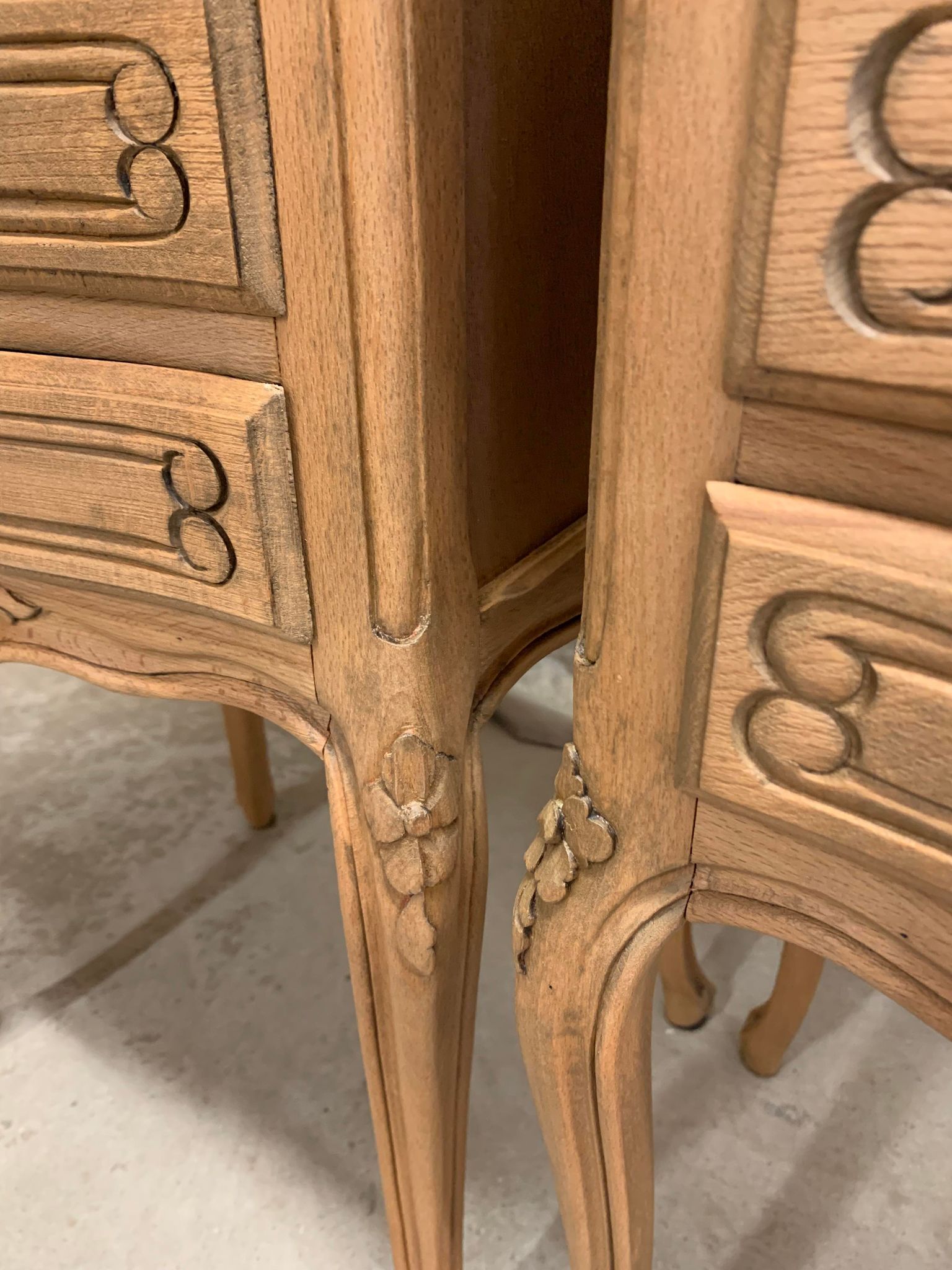 Pair of Louis XV style bedside tables with raw wood appearance