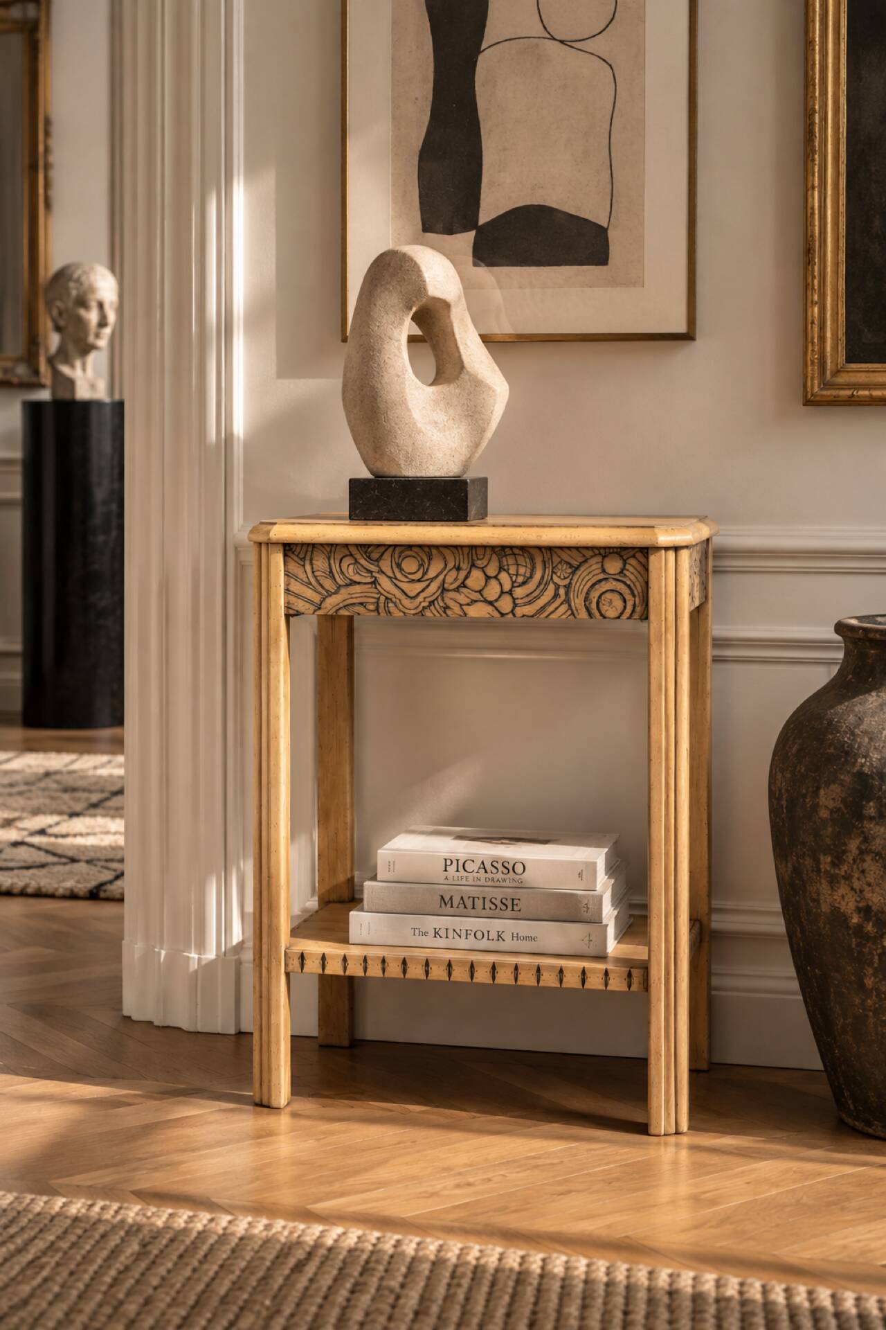 Art Deco console in raw wood with floral decoration, renovated 1930.