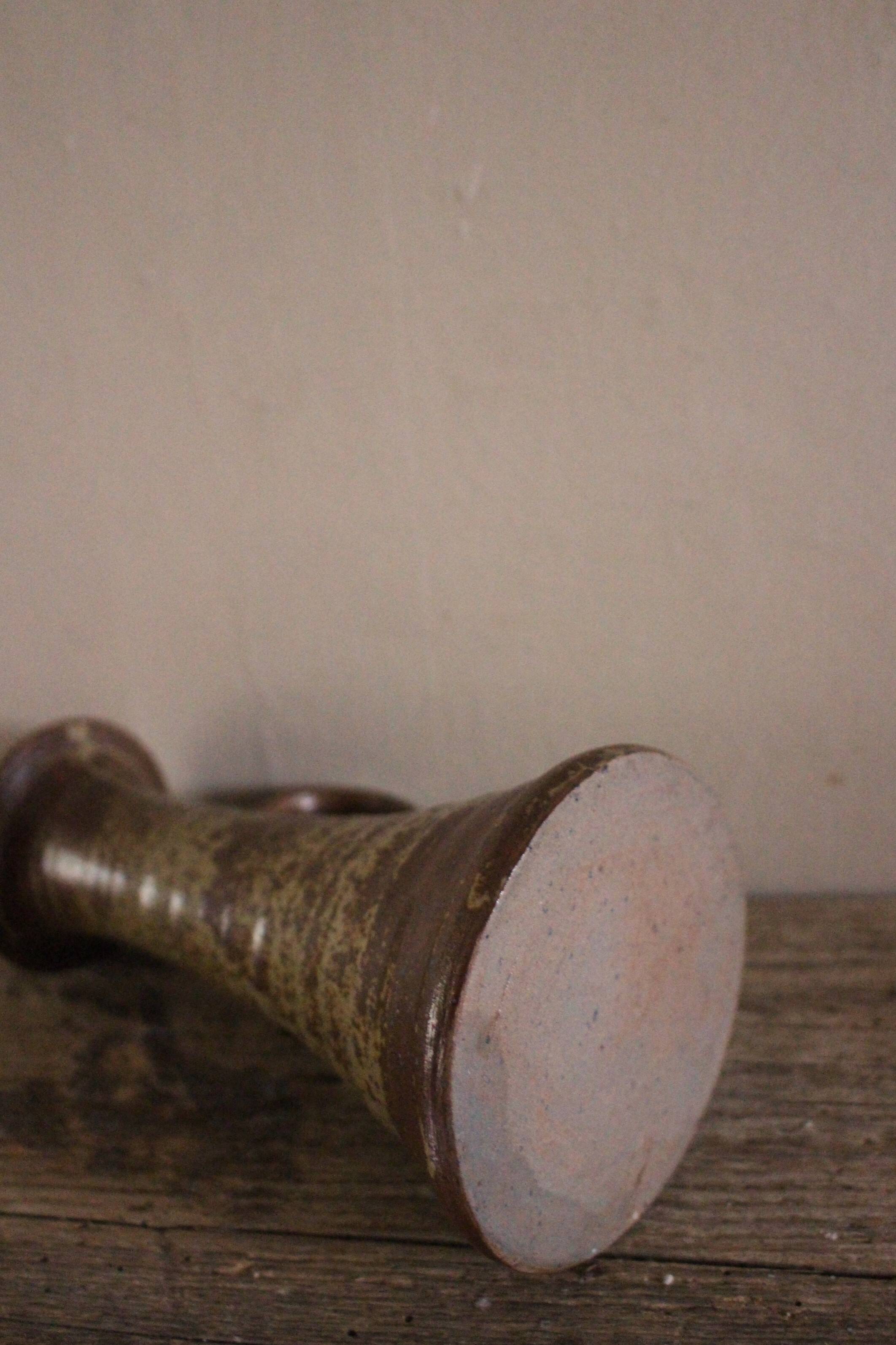 Vintage stoneware candle holder with pyrite glaze and handle