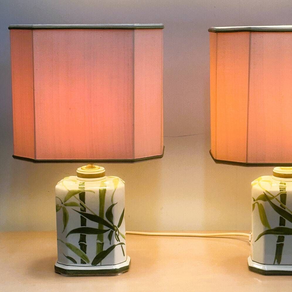 Pair of vintage bamboo ceramic table lamps with shades | Hand painted oriental style
