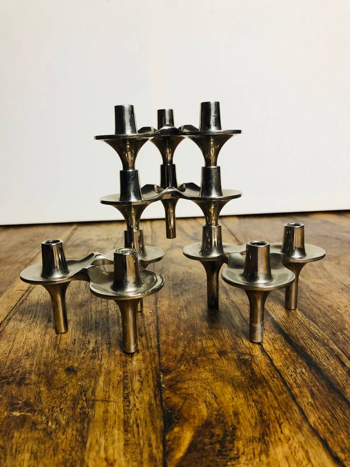 Bougeoirs modulables de métal chromés par Nagel & Stoffi . Set de 4