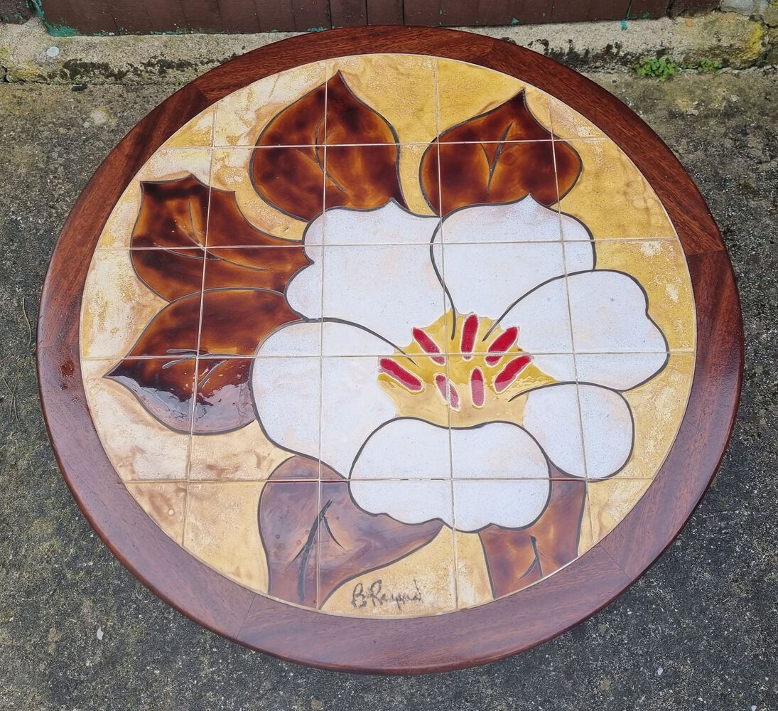 Round coffee table, B. Raynaud ceramics, flowers, vintage, 70s