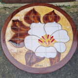 Round coffee table, B. Raynaud ceramics, flowers, vintage, 70s