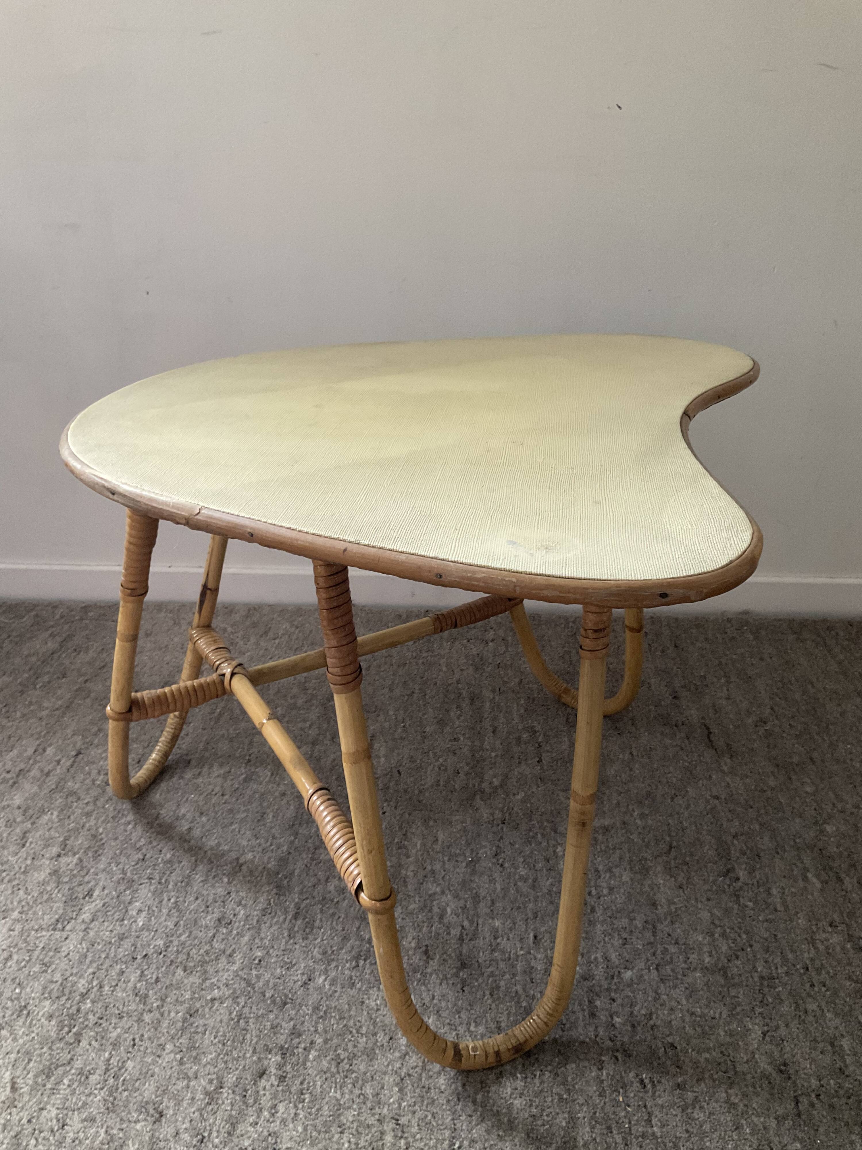 Asymmetrical rattan coffee table tripod foot, 60s