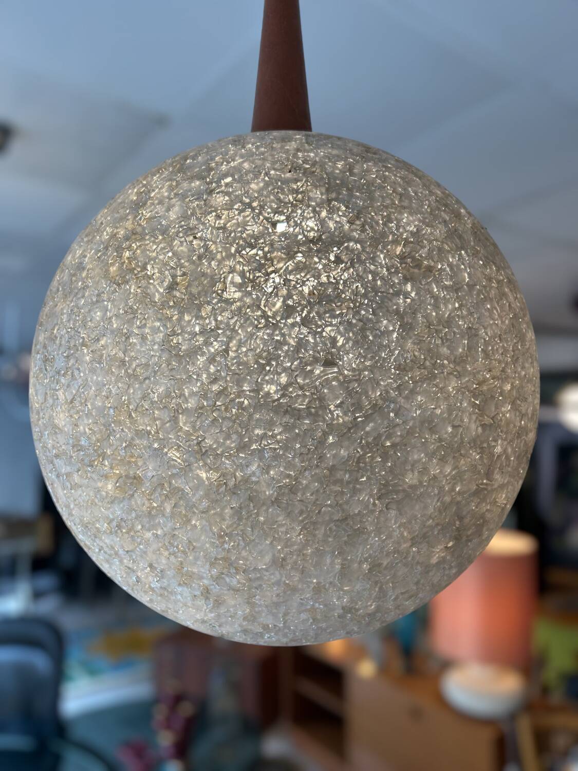 Resin and teak ball pendant light