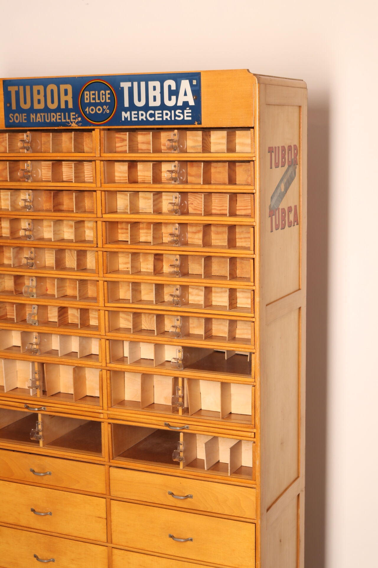 Xl vintage haberdashery 'tubor tubca' by poreye & fils - belgium - 1950's