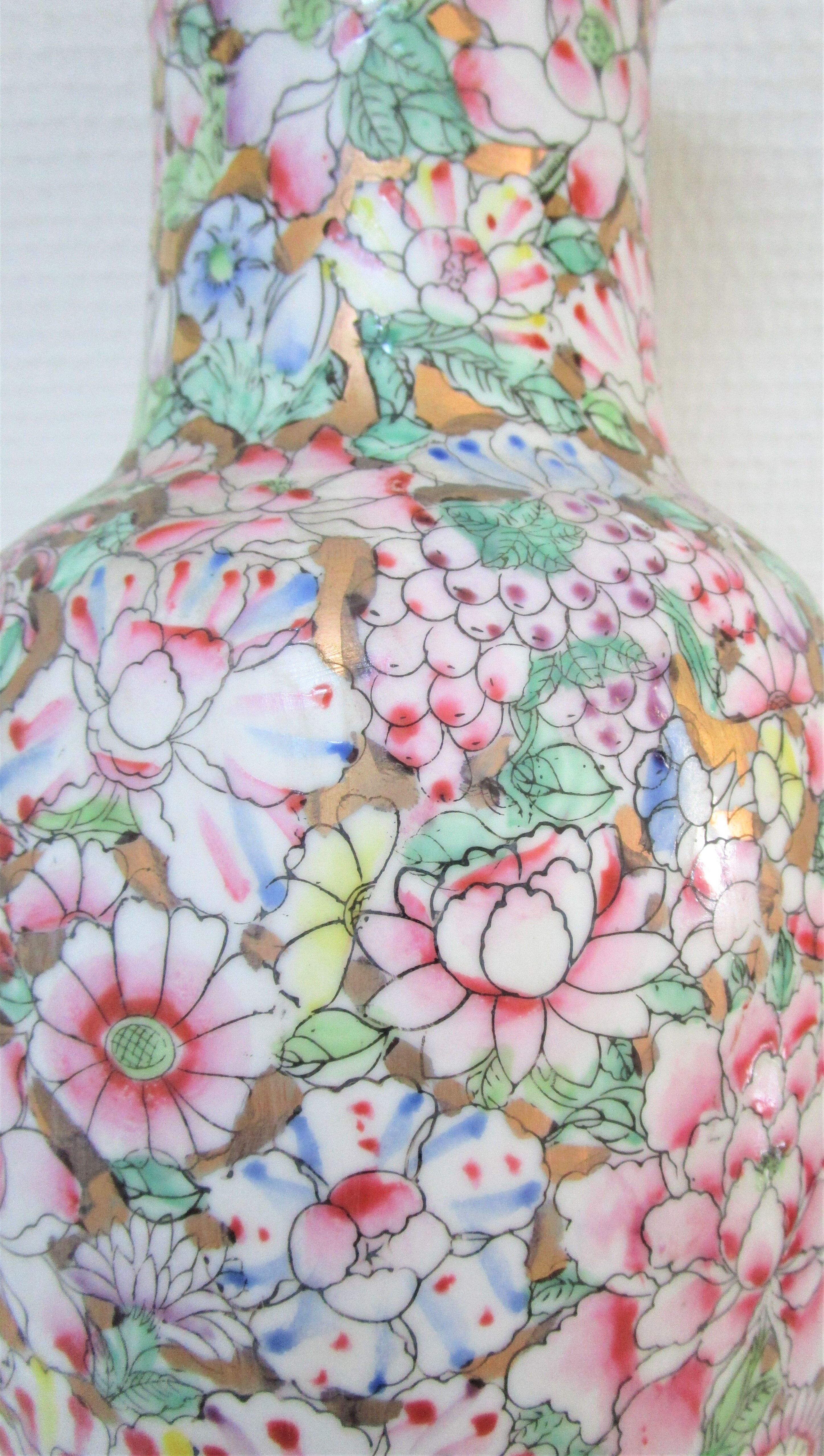 Chinese porcelain lamp foot with polychrome decoration of vintage flowers