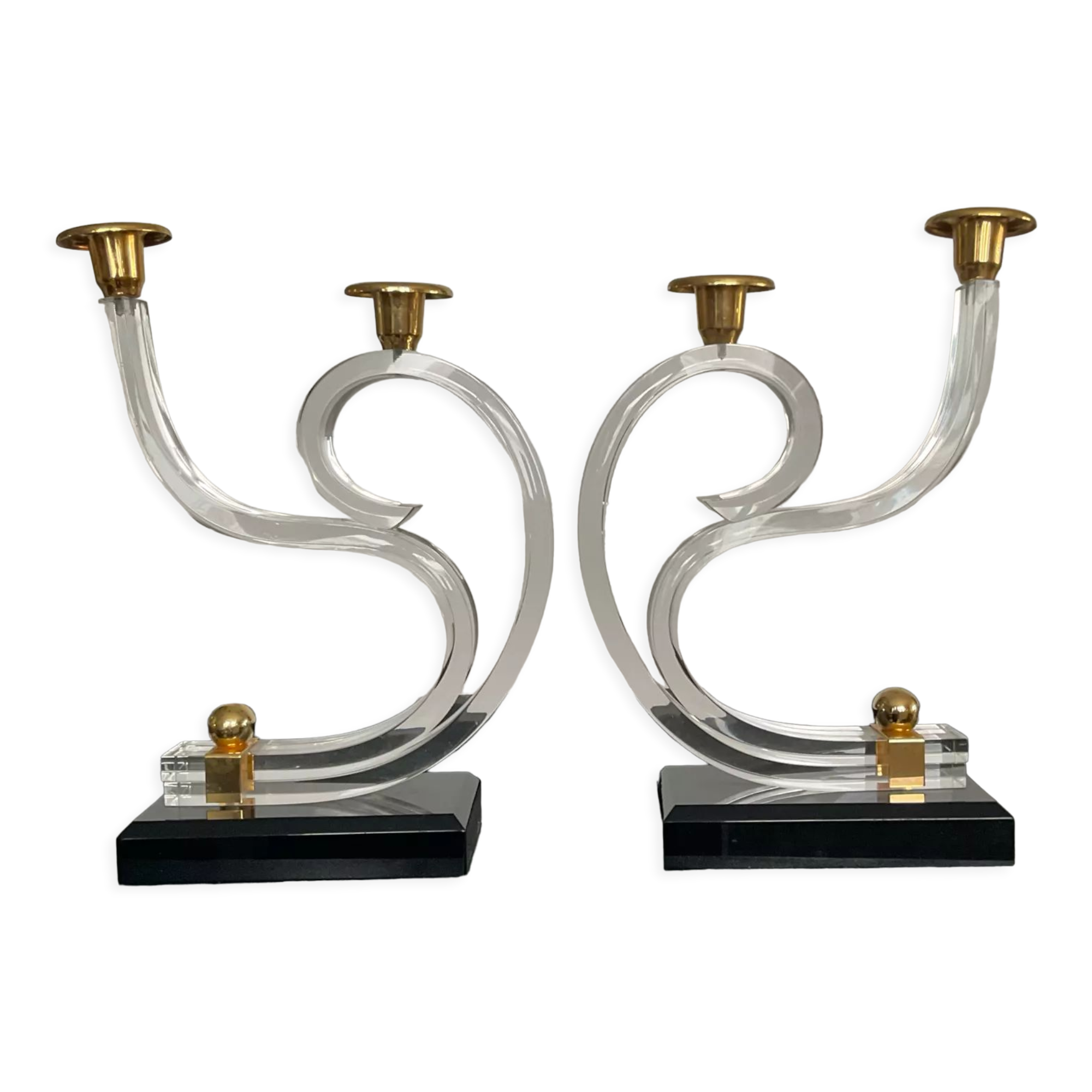 Pair of Hollywood Regency candlesticks in lucite and brass