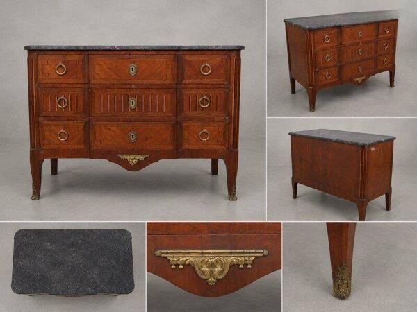Commode d’époque Louis XV - XVI en marqueterie, plateau marbre noir