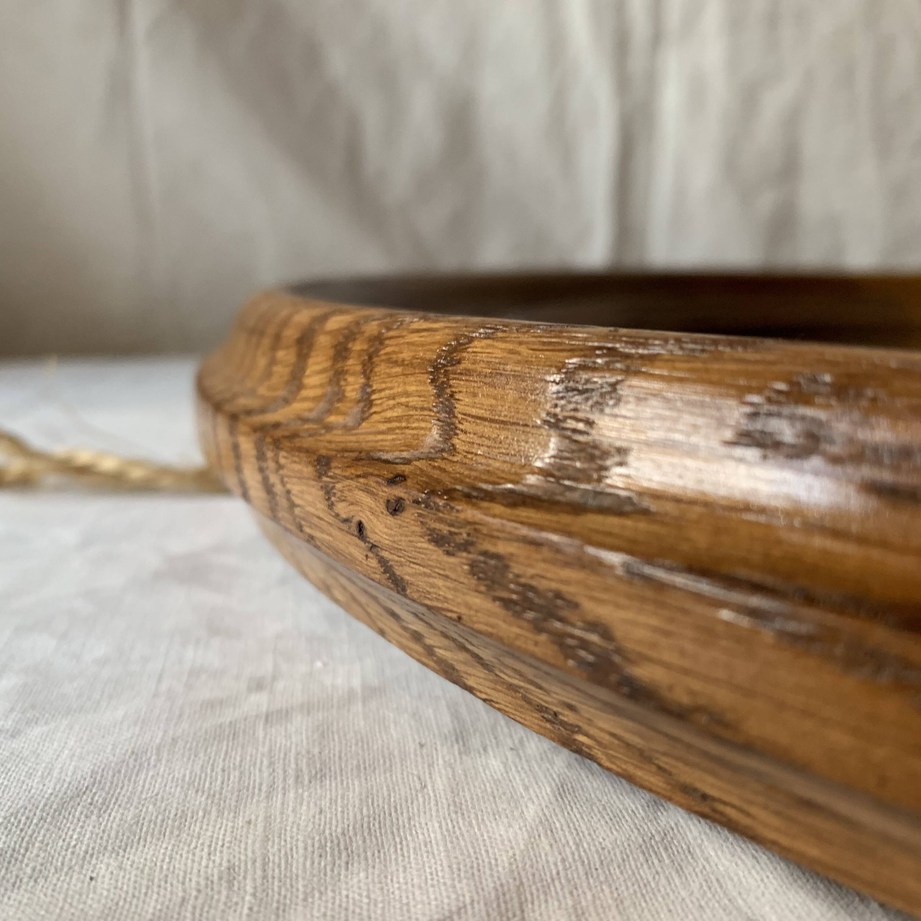 Old round wall mirror in solid wood - 51 cm