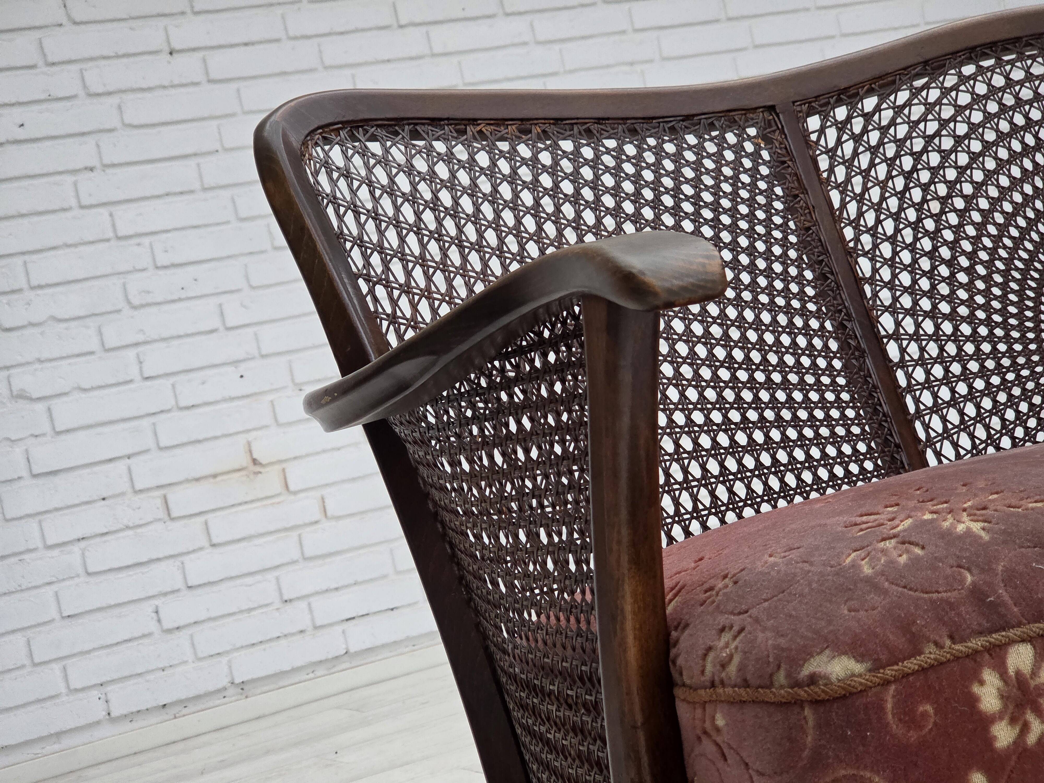 1950s, Danish 3-seater sofa, salmon/pink velour, furniture mesh.