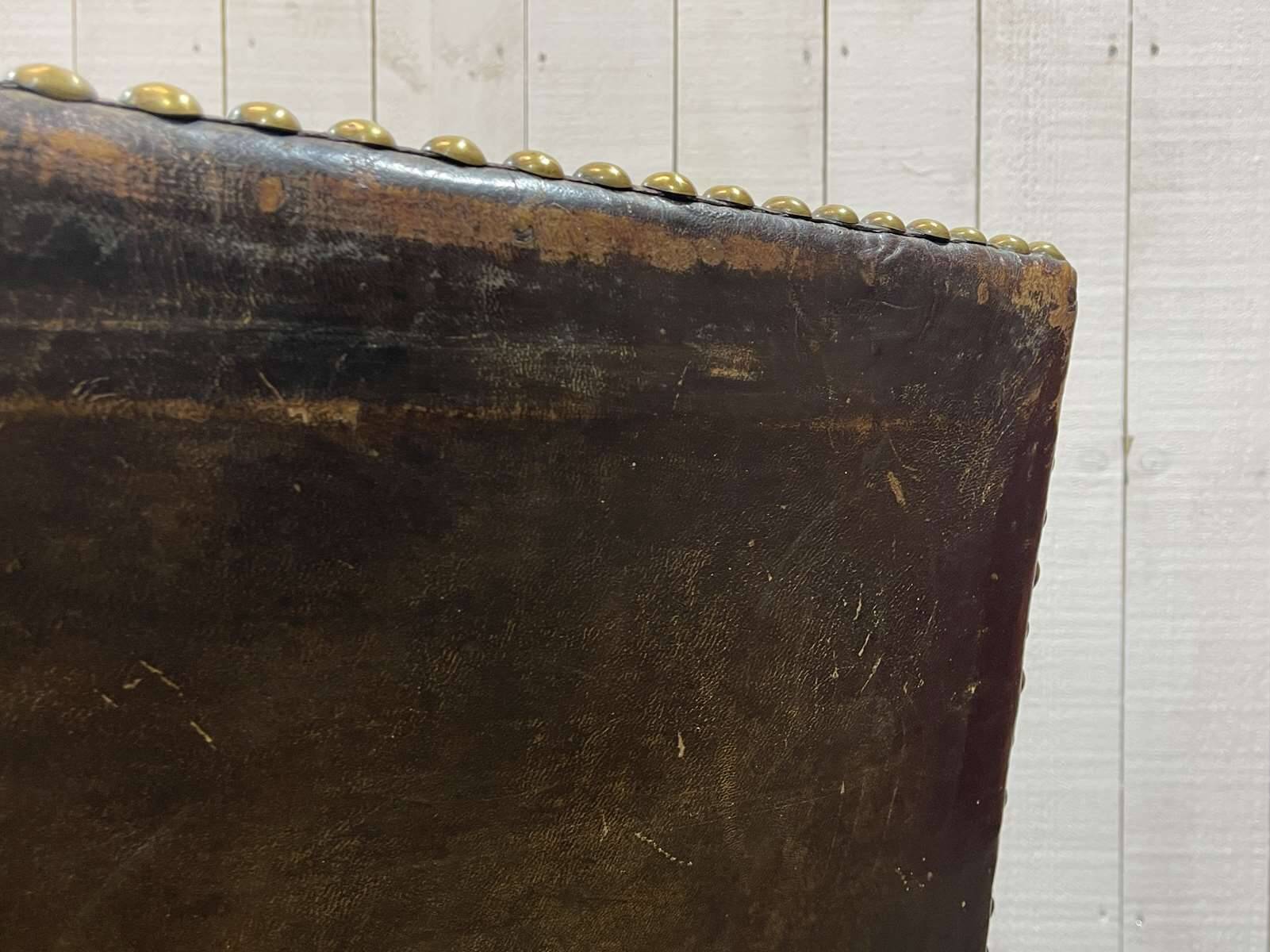 Early 20th century leather club sofa - seat and back in modern fabric