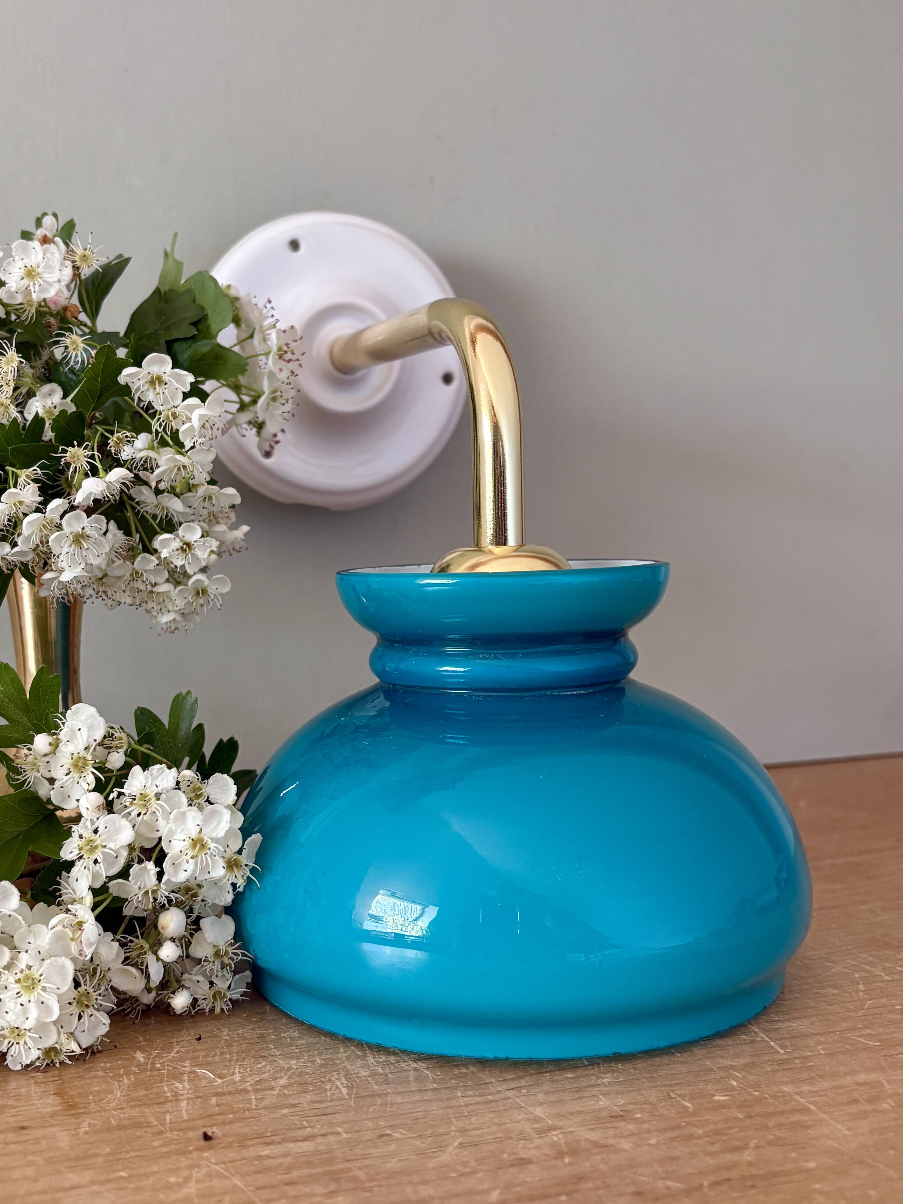 Vintage angled globe wall light in blue opaline