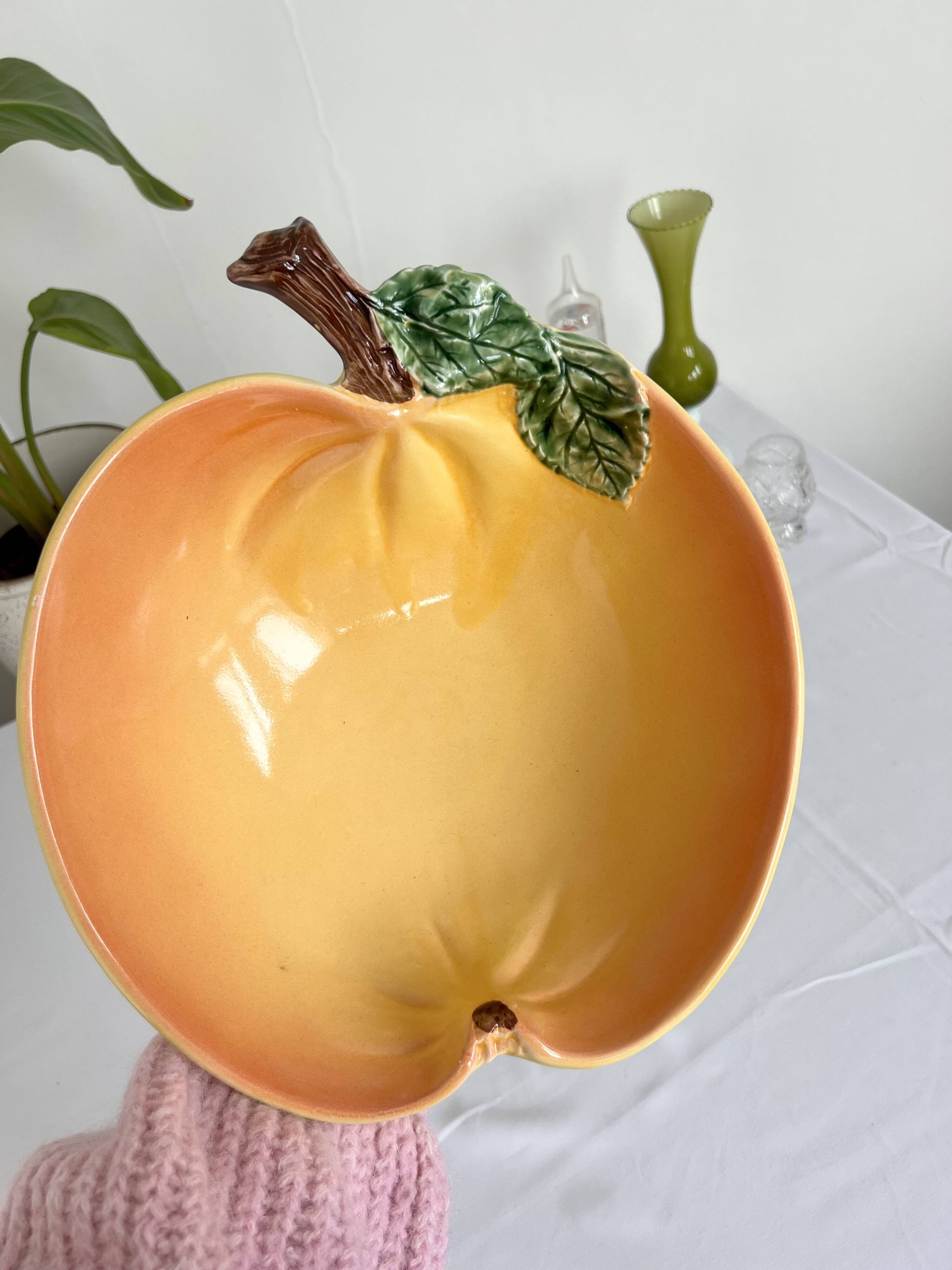 Large vintage salad bowl slip apple shape hand painted earthenware