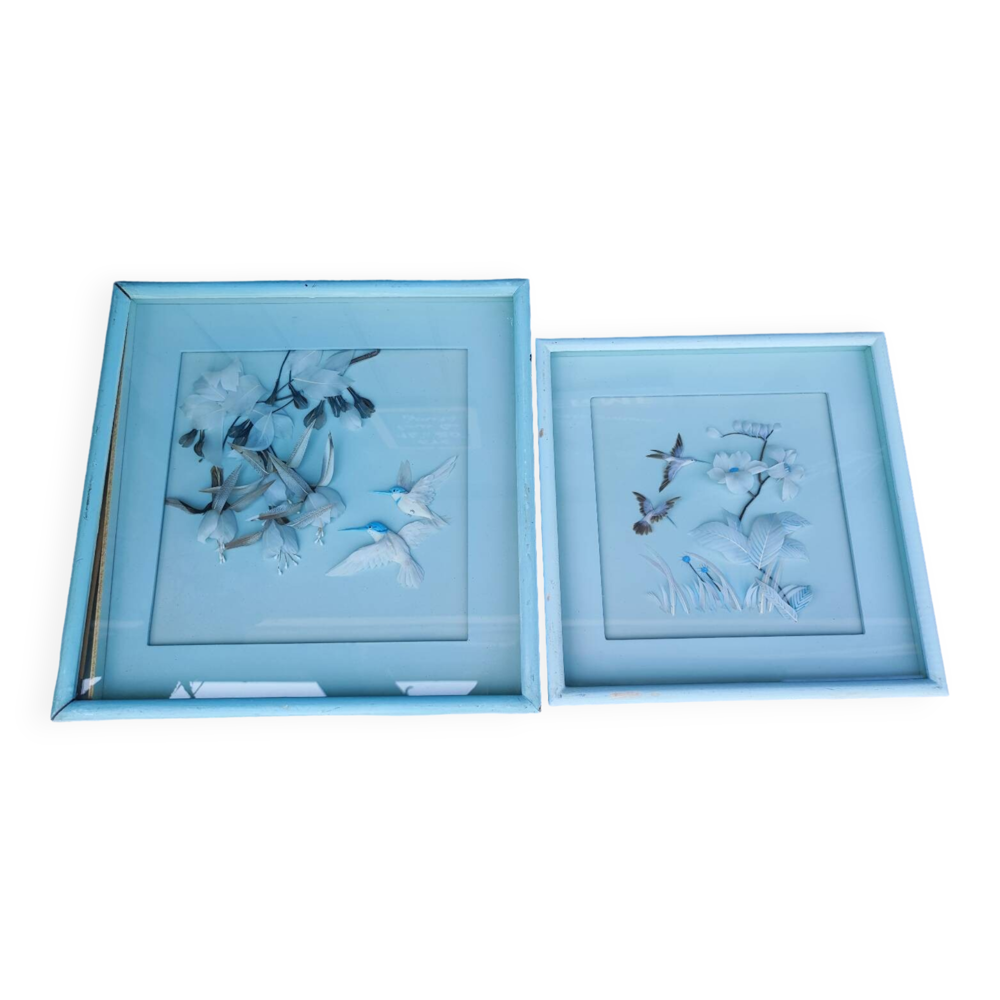 Two vintage paintings made with feathers, hummingbird motif