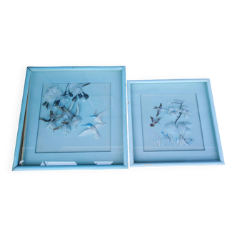 Two vintage paintings made with feathers, hummingbird motif