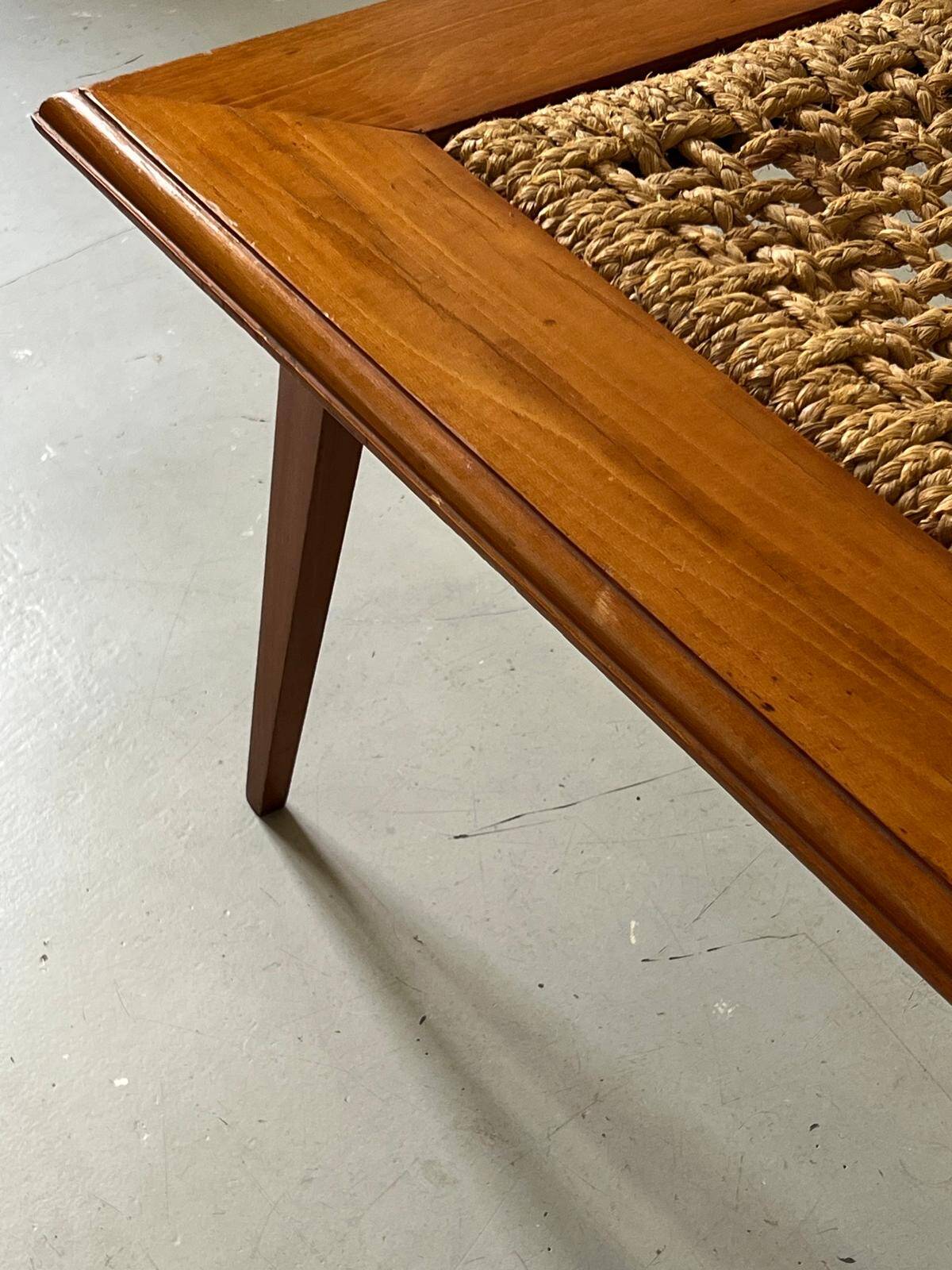 Teak wood coffee table with braided rope, Audoux-Minet 1950