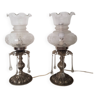 Pair of vintage tulip tassel silver metal bedside lamps