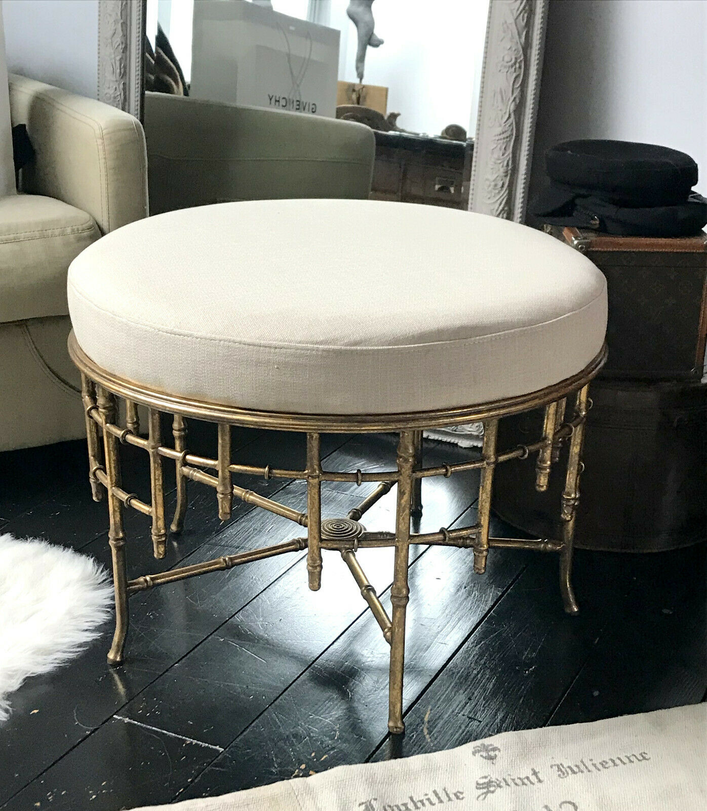 Napoleon III style ottoman in gilded metal with bamboo décor