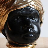 Vase tête en céramique italienne noire et dorée signé Behreno