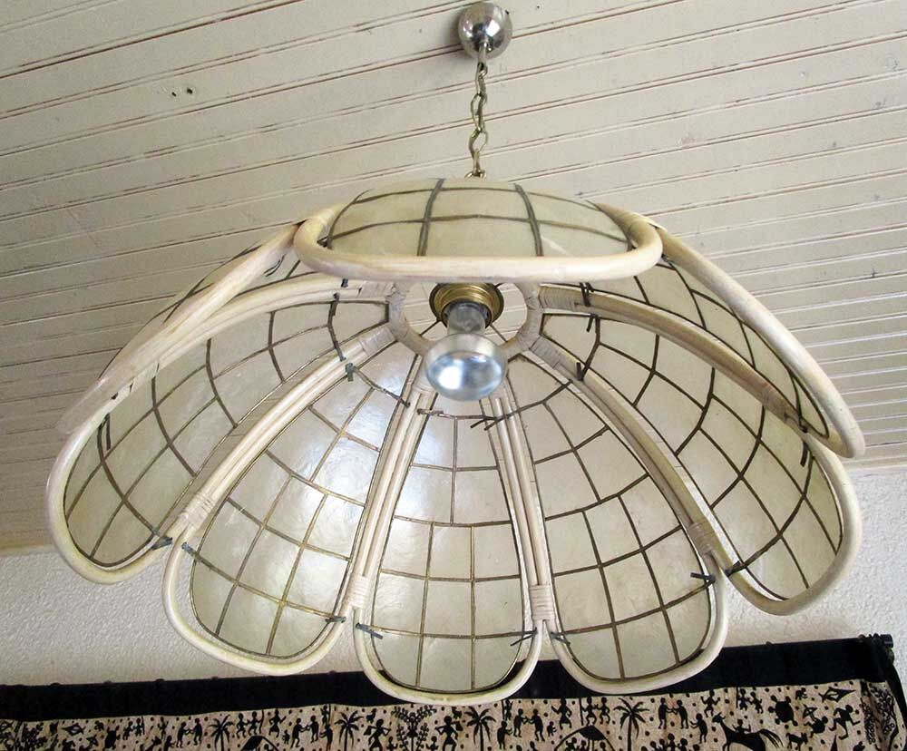 Hanging lamp mother-of-pearl, rattan and brass