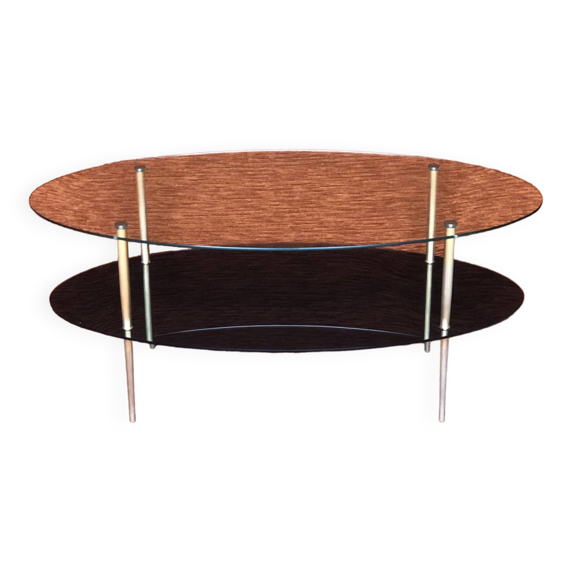 Table basse 1950-60 ovale 2 plateaux verre blanc et noir