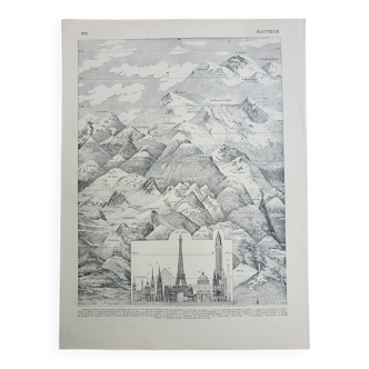 Old engraving 1928, Height, summit, mountain, building • Lithograph, Original plate
