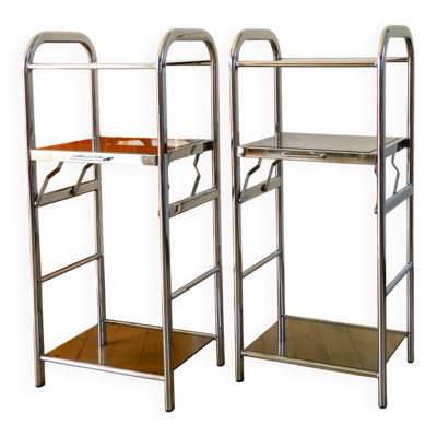 Paire de tables d'appoint en verre fumé et chrome, étagères dépliantes, design, 1970
