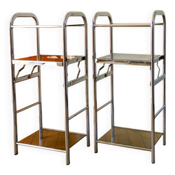Paire de tables d'appoint en verre fumé et chrome, étagères dépliantes, design, 1970