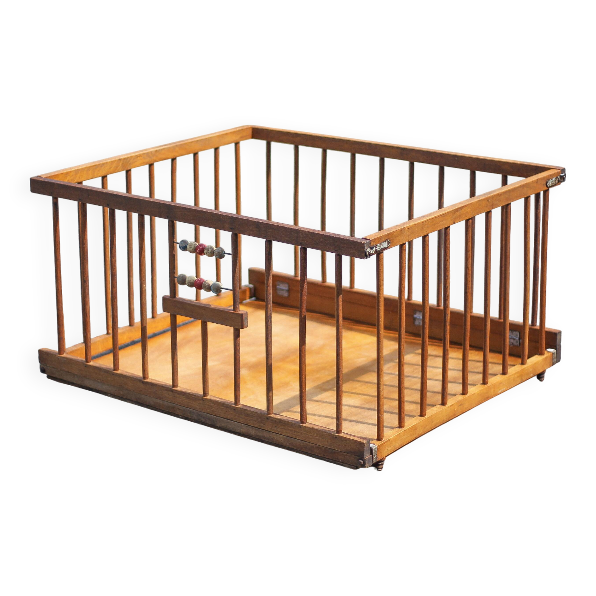 Folding wooden baby park on wheels, vintage park