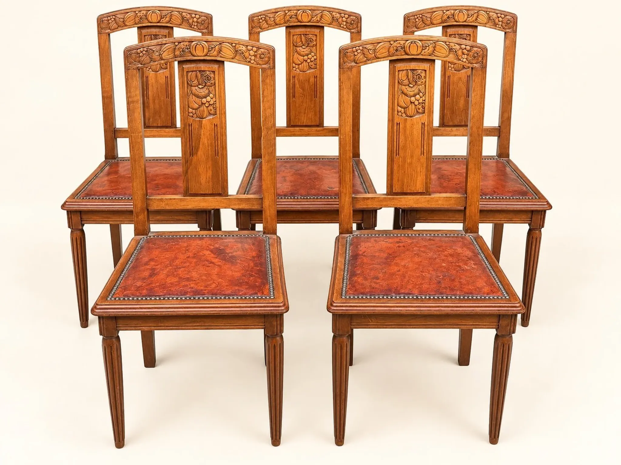5 Art Deco Chairs in Carved Walnut, Upholstered with Studded Leather – 1920s