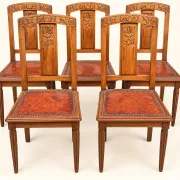 5 Art Deco Chairs in Carved Walnut, Upholstered with Studded Leather – 1920s