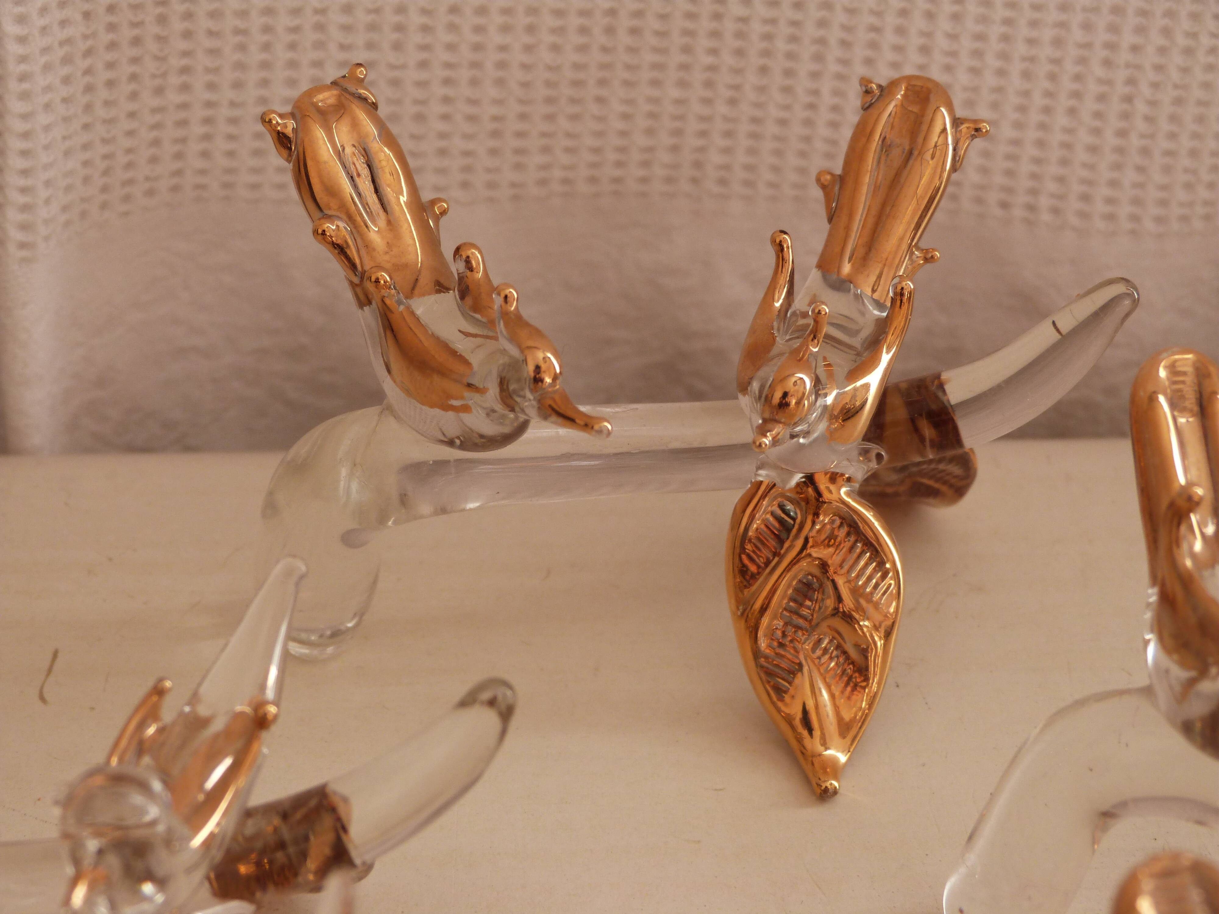 Glass knife rest with bird and golden leaf (set of 6)