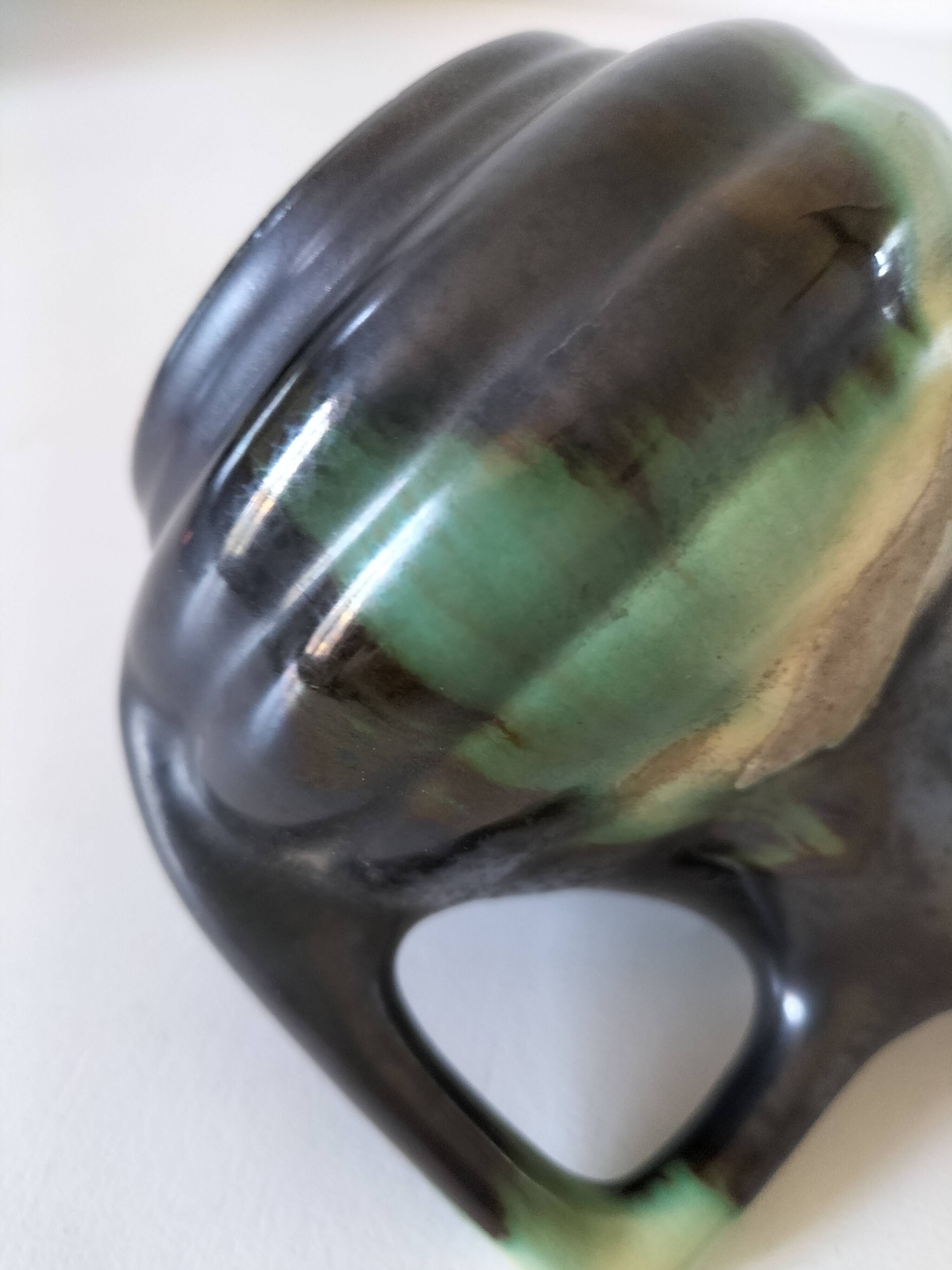 Ceramic pitcher Thulin Belgium flamed green black enamel