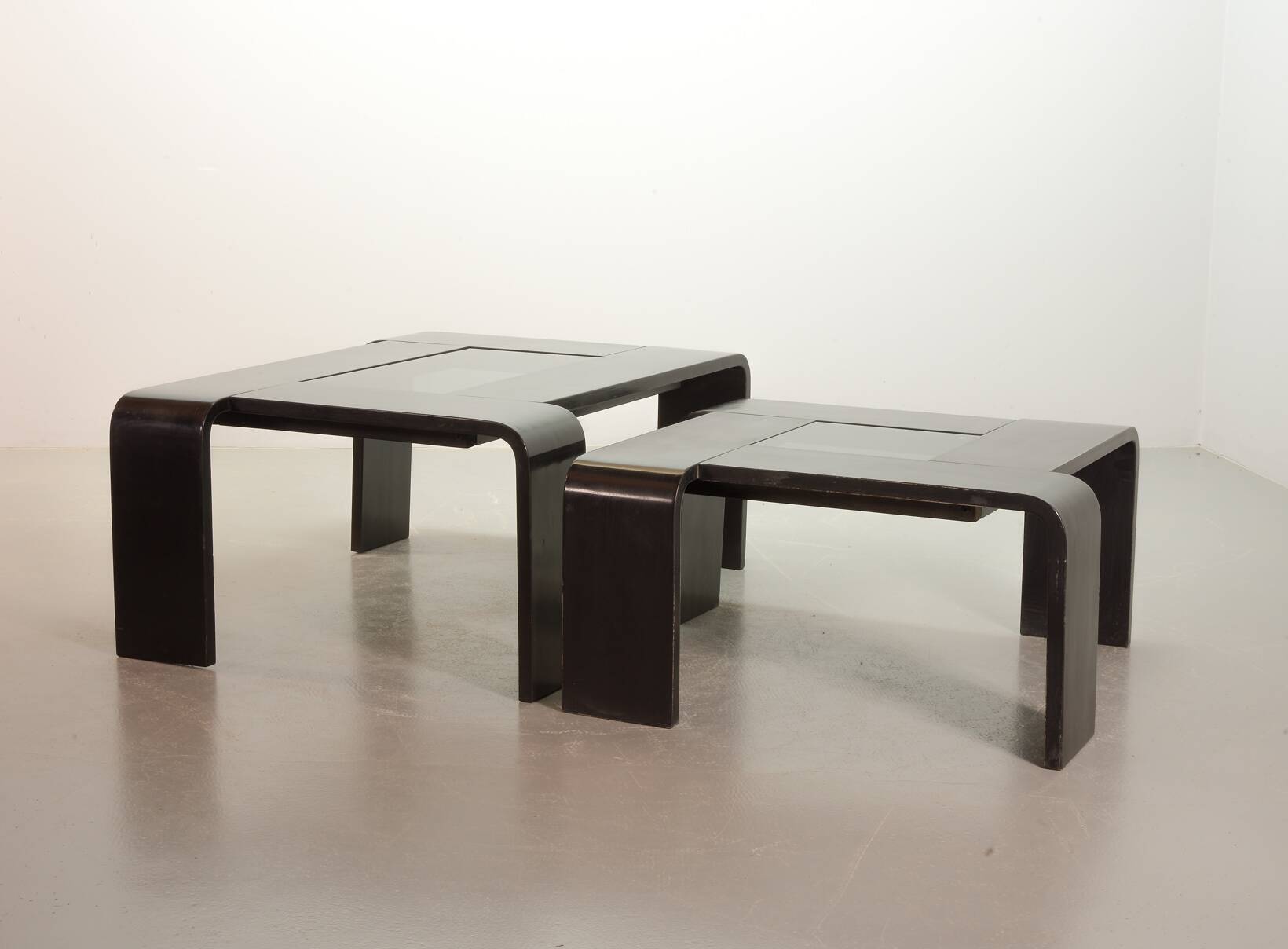 Square Black Lacquered Plywood Coffee Table with Smoked Glass Panel, 1970s