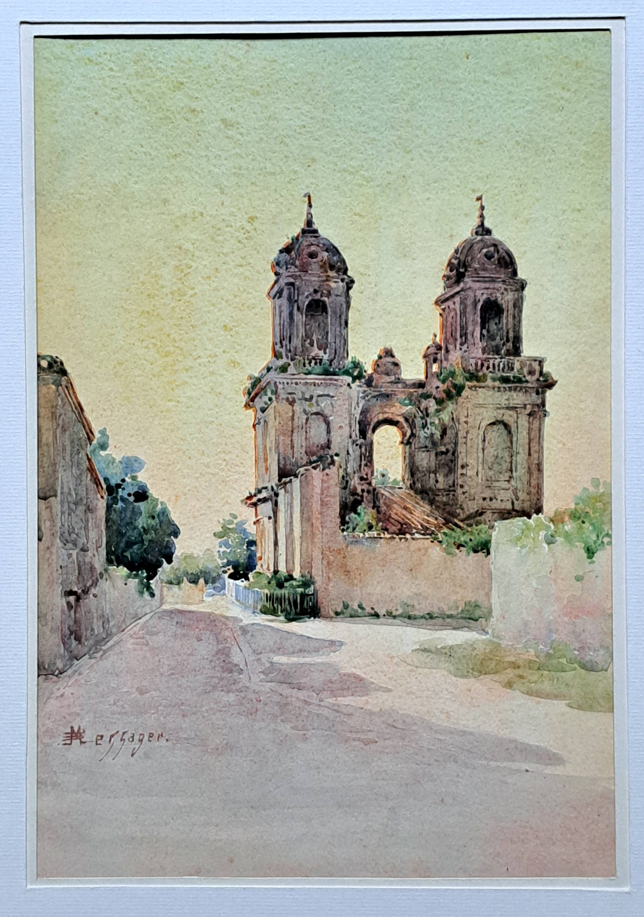 Signed Impressionist watercolor - The towers of Saint-Jean d'Angely circa 1900