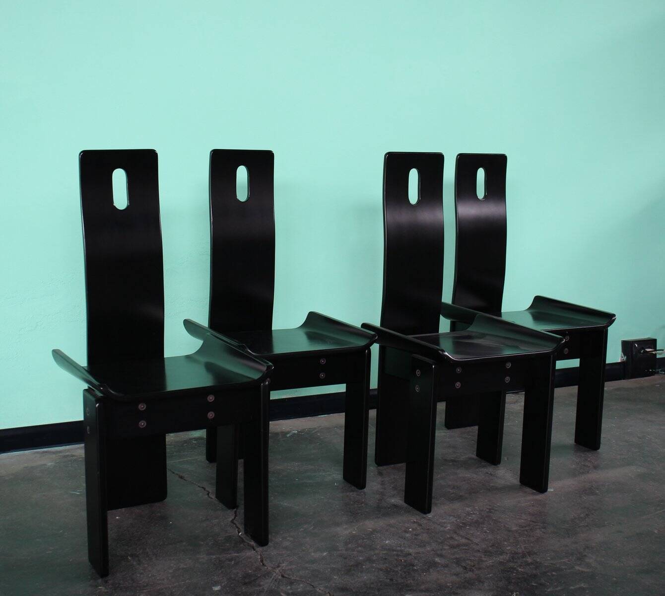 High-Back Black Lacquer Dining Chairs, Italy, 1970s, Set of 4