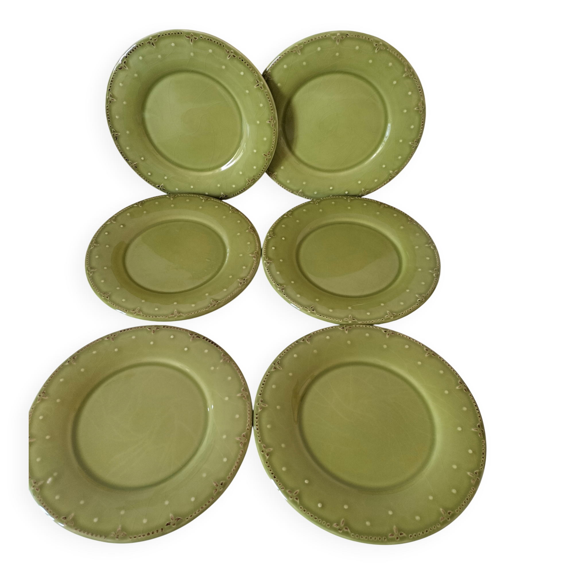6 olive green plates with dotted relief, workshop ceramic style