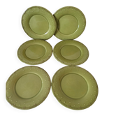 6 olive green plates with dotted relief, workshop ceramic style