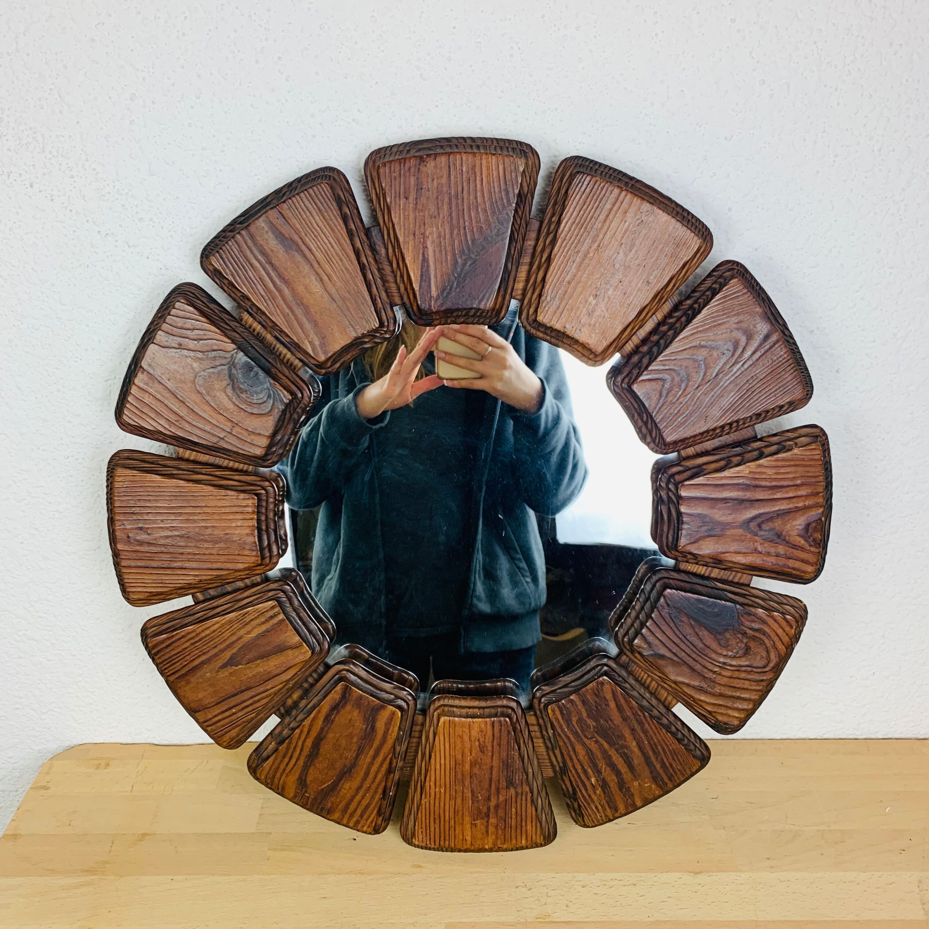 Brutalist mirror round wood 52 cm