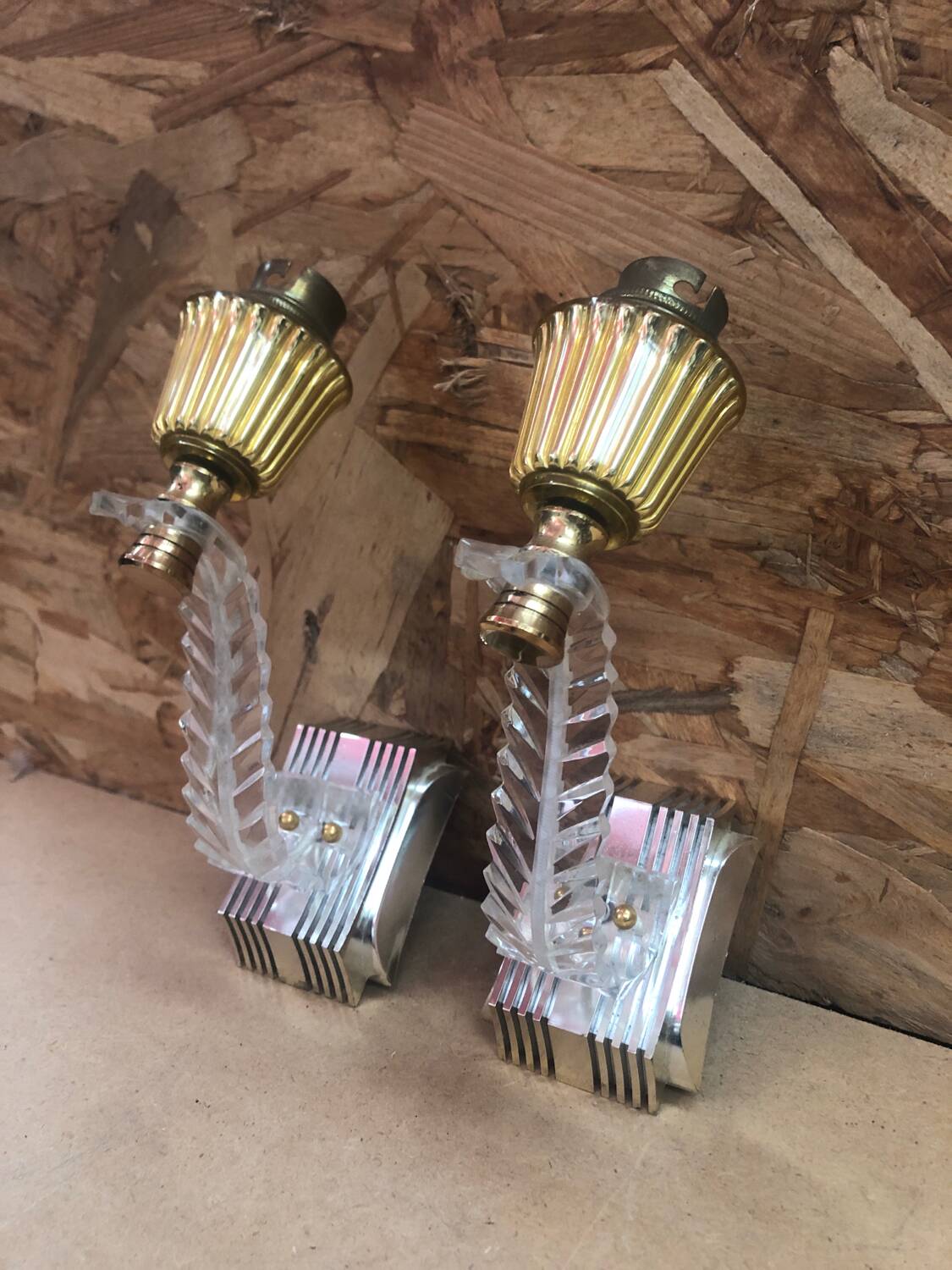 Pair of old golden plastic wall lamp + perspex plexi vintage